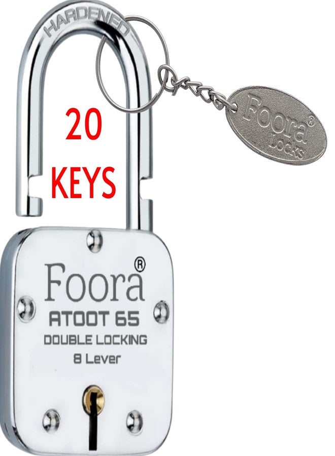 Foora New Atoot 65mm Lock and Keys | Metal Body | Home Double Locking | Hardened Shackle | 8 Steel Lever | 20 Silver Keys with Keychain | Silver Finsih | Made in India | Export in USA | Canada - Image 1